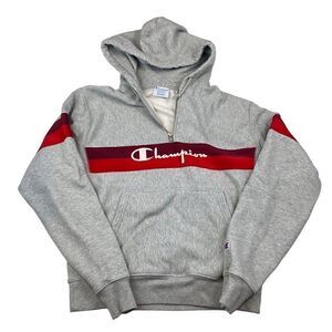 Champion Quarter Zip Hoodie Sweatshirt Red Stripe Medium